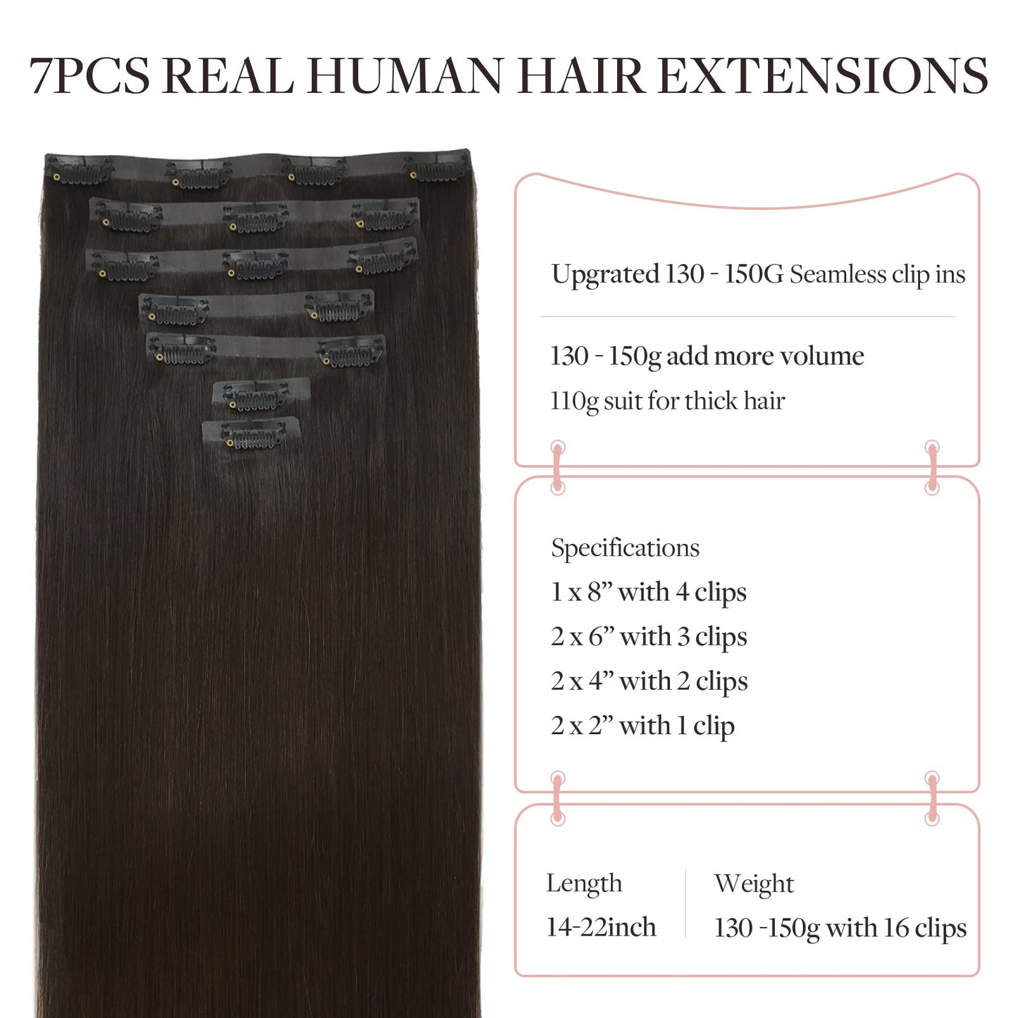 MAXITA Clip in Human Hair Extensions, 16 Inch 130g 7pcs Dark Brown, Seamless Real Remy Natural Straight