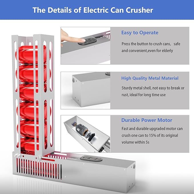 Electric Can Crusher, Automatic Can Crushers for Recycling 8/12/16oz Cans, Auto Cycle Mode, Countertop Can Smasher for Recycling Aluminum Seltzer, Soda, Beer Cans (SILVER-1)