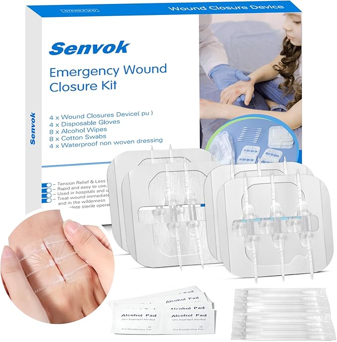 Zip Sutures Butterfly Bandaids – 4-Pack Assorted Sizes, FSA/HSA Eligible Emergency Wound Closure Kit for Surgical Laceration Repair Without Stitches, Fast Hemostasis Adhesive Strips Bandages (PU)