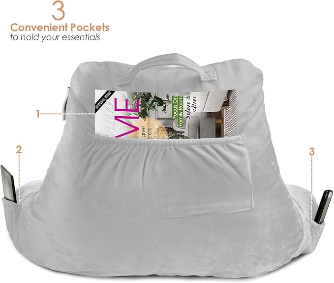 Nestl Reading Pillow for Kids, Small Bed Pillow, Back Pillow for Sitting in Bed, Memory Foam Chair Pillow, Reading & Bed Rest Pillows, Light Grey Back Pillow for Bed, Arm Pillow with Pockets