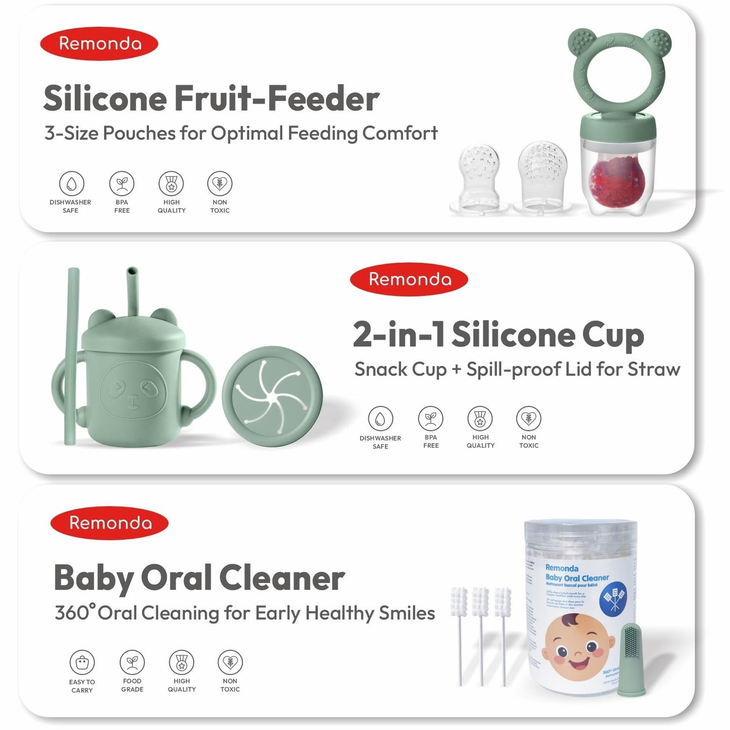 Remonda 23-Piece BPA-Free Silicone Baby Feeding Set | Extra Large Suction Plates, Toddler Bowls, Self Feeding Spoons, and More | Dishwasher Safe| Baby Led Weaning Supplies (Green)