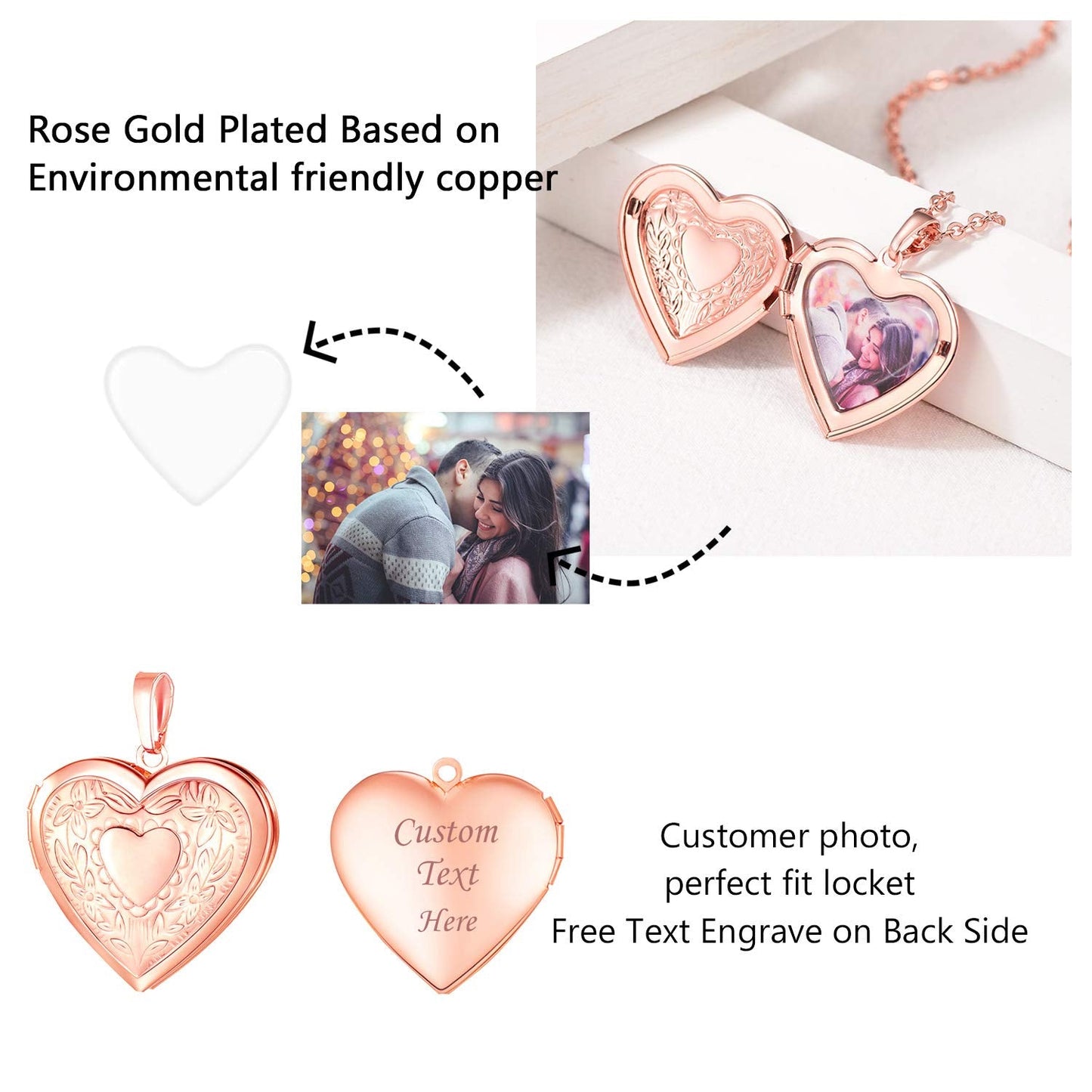 U7 Rose Gold Locket Necklace with Rolo Chain 22 Inch, Romantic Flower Heart Photo Locket Pendant for Women
