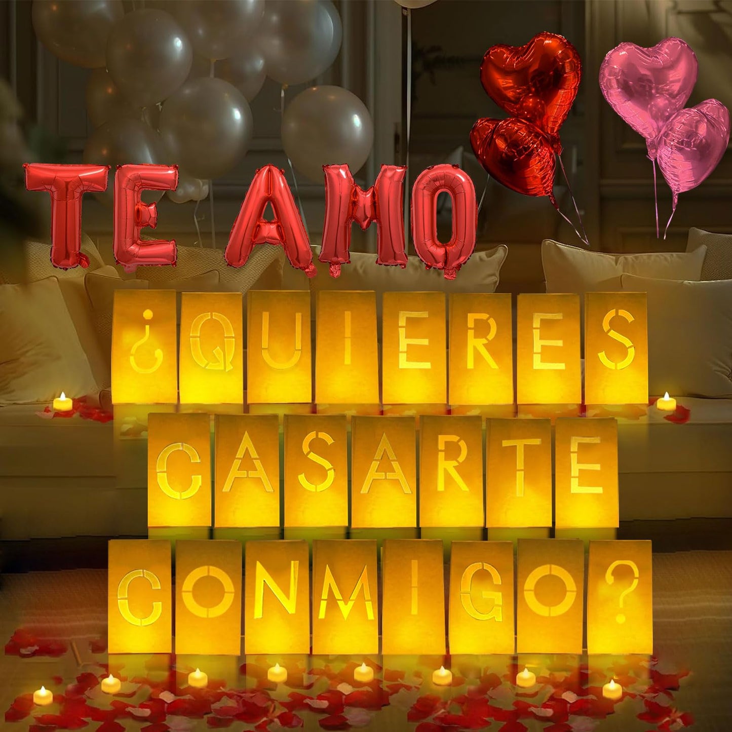 Quieres Casarte Conmigo? Lighted Letters Sign 17Pcs Luminary Paper Bags 2200Pcs Red Pink Artificial Rose Petals 48Pcs Flameless Led Candle Tealight 15Pcs Heart Balloons Romantic Night ValentineS Day