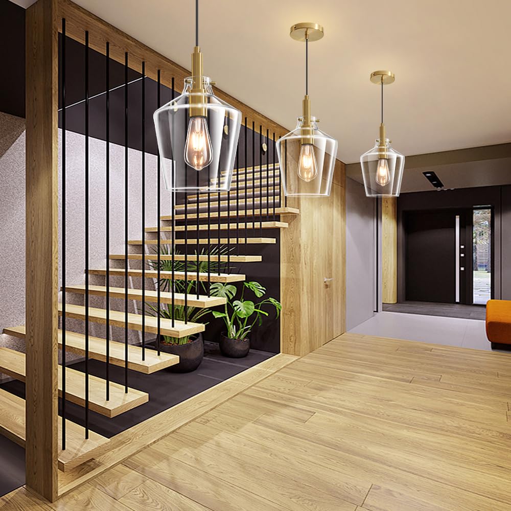 Vaziden Modern Glass Pendant Lighting For Kitchen Island  Farmhouse Gold Pendant Light Fixtures 1 Pack  Adjustable Hanging Ceiling Light Angled Clear Glass Shades 8 Inch