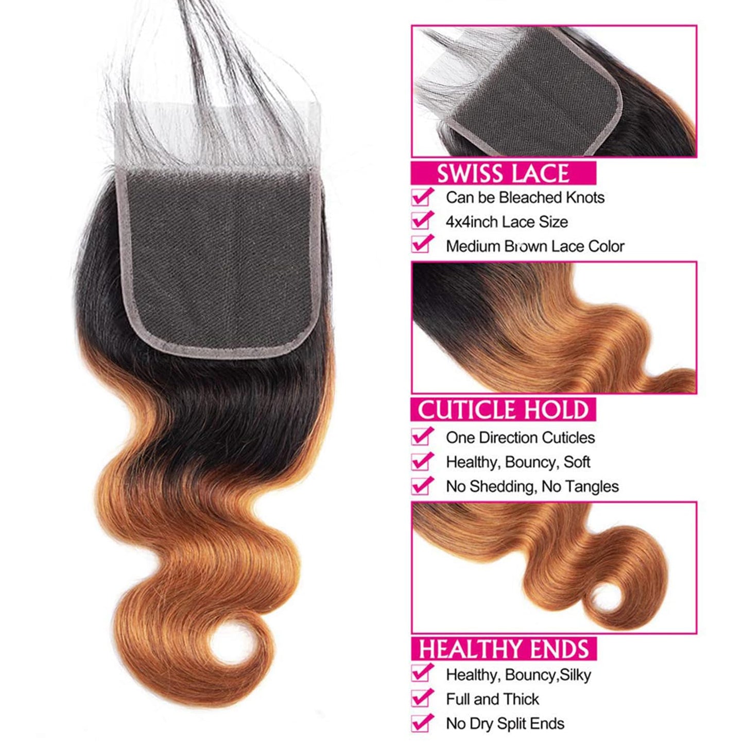 Ombre Closure 4x4 Transparent Lace 1b/30 Closure Brazilian Virgin Hair Body Wave Long 18 Inch Honey Blonde Pre Plucked With Baby