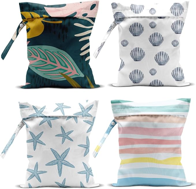 4Pcs Waterproof Wet Bag for Swimsuit, Travel Beach Wet Dry Bag, Hidden Zipper Reusable Shell Starfish Beach Palm leaf Decor, for Travel Beach Wet Swimsuits Toiletries Diapers Laundry Bag