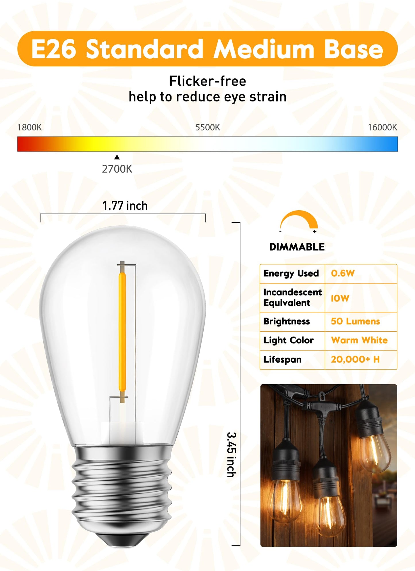 Minetom Led S14 Light Bulbs, 15 Pack, Shatterproof, 11W Equivalent, E26/E27 Base, Warm White, 2700K For Outdoor/Decorative