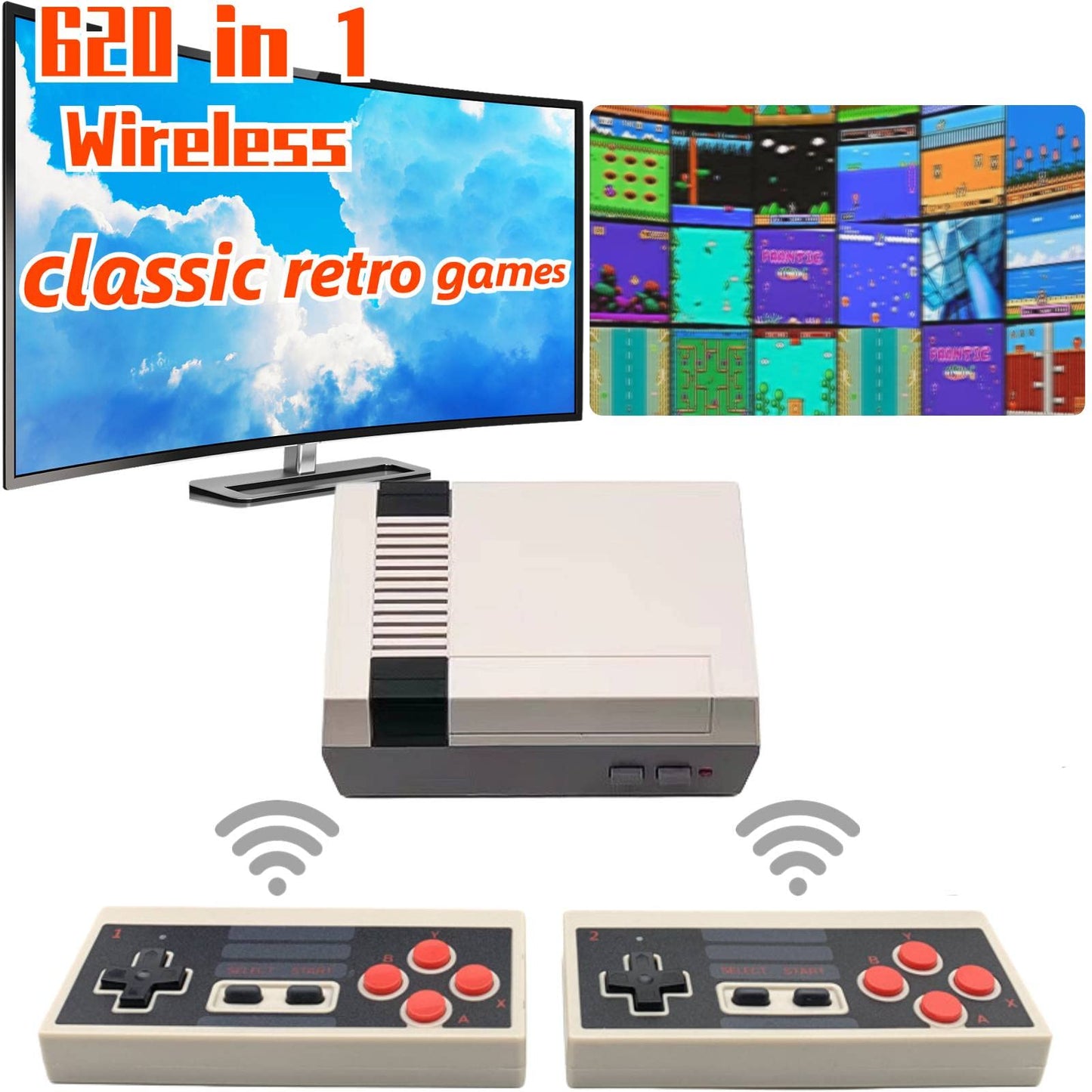 Classic Mini Retro Game Console Built-in 620 Classic Video Games,AV Output and Dual Wireles Game Controllers.AV Output 8-Bit Game System for TV. (Grey-Black)