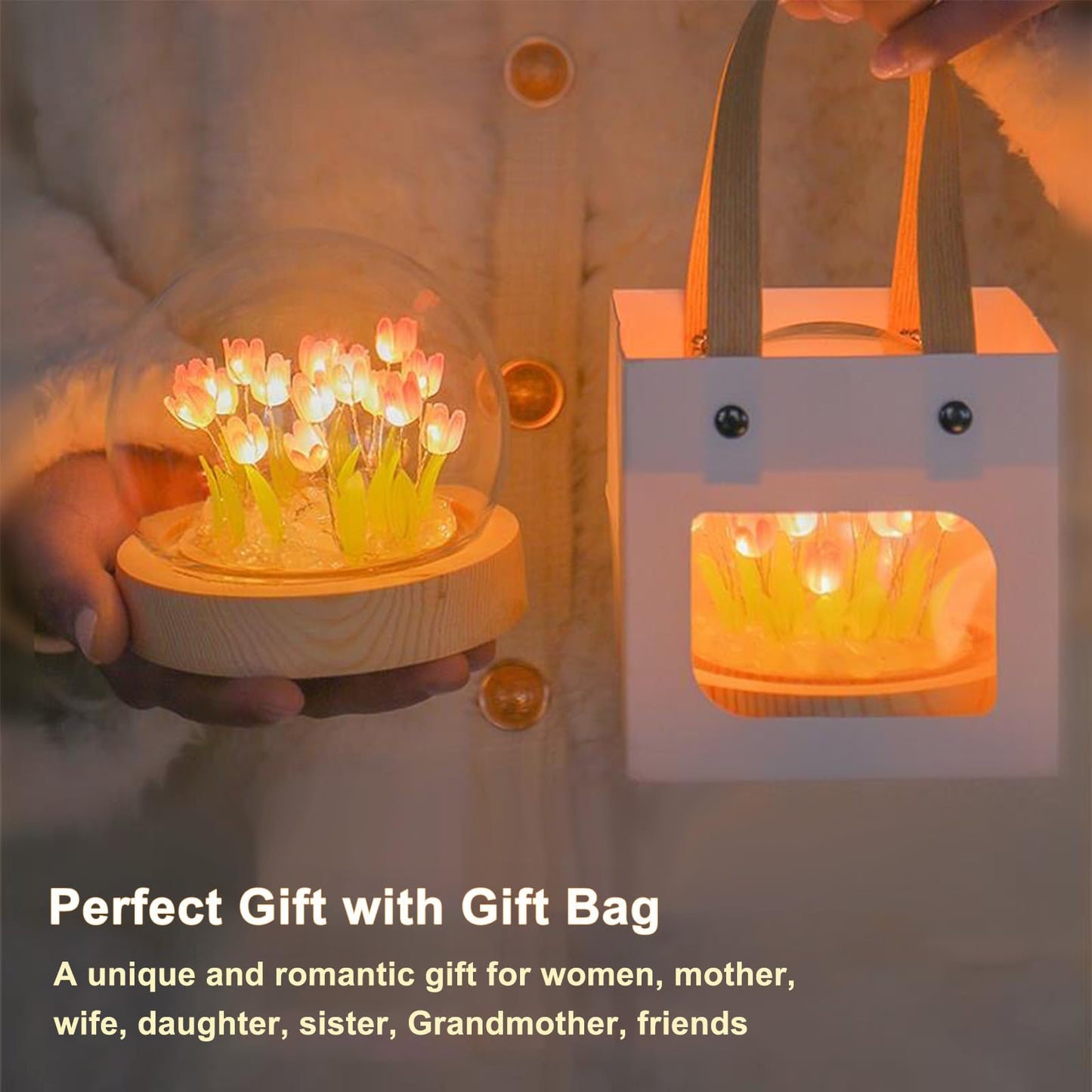 Tulip Night Light Cordless  Birthday Flower Gifts For Her - Small Flower Lamp With Glass Cover  Wooden Base And Gift Bag -Cute Romantic Home Decor For Mom  Grandmother  Wife  Girlfriend  Sister  Women