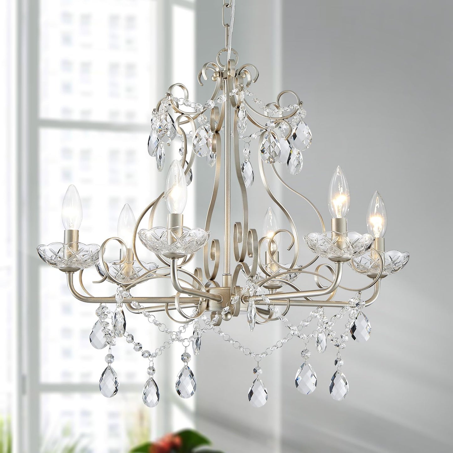 Wuzups Crystal Candle Chandelier Pendant Flushmount Ceiling Light Modern Lighting Fixture For Bedroom Hallway Bar Kitchen Bathroom  H 22.5 X W 21.7  Nickel  E12 Base