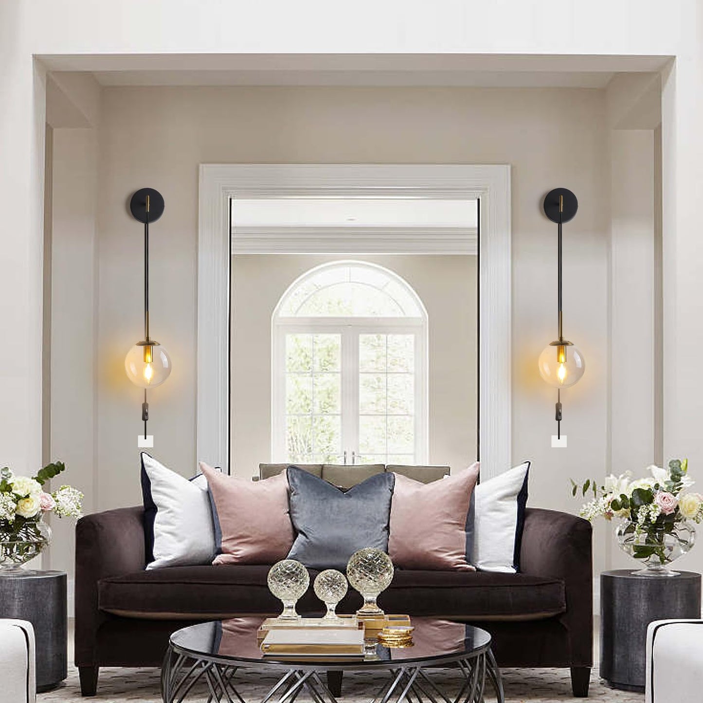 KUZZULL Wall Sconces Set of 2, Black and Brass, Globe Clear Glass Shade, 29in, Plug-in with Cord Switch