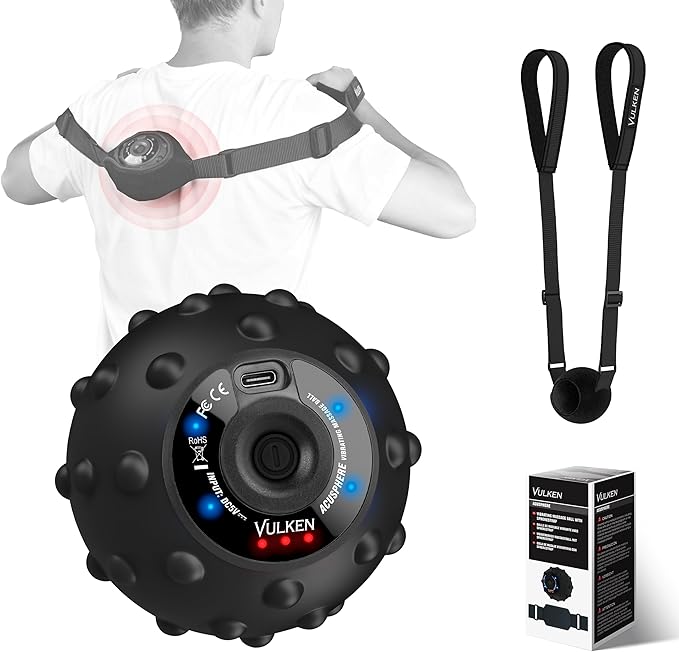 Vulken Vibrating Massage Ball for Muscle Recovery with SphereStrap – Target Hard-to-Reach Areas, Hands-Free Back Massage. ...