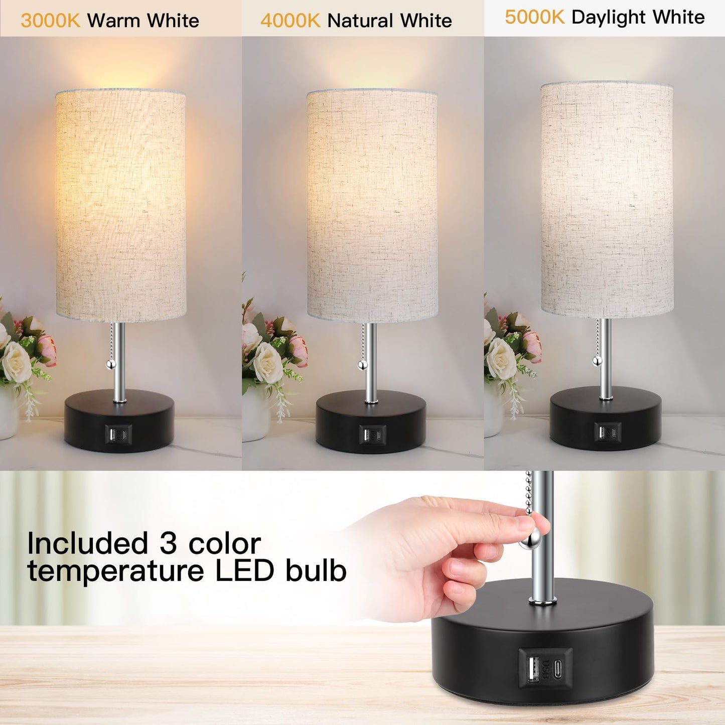 ROTTOGOON Bedside Lamp with USB Port, AC Outlet, LED Bulb, Oatmeal Color