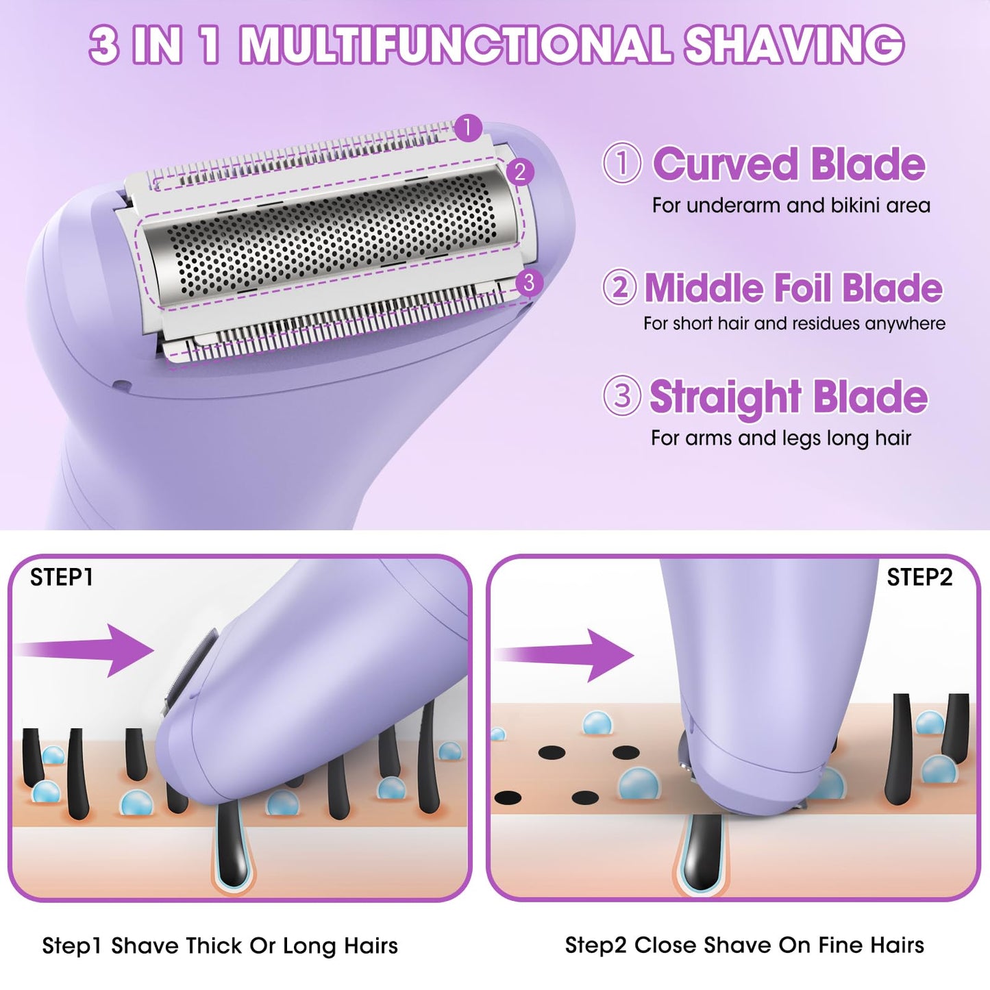 Bikini Trimmer Electric Razors for Women,3 in 1 Body Hair Removal Kit for Face,Pubic,Arm, Leg, Armpit, Bikini Trimmer,Painless I
