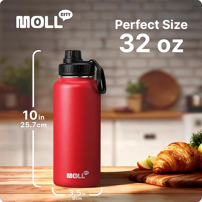 Insulated Water Bottle-32 oz Stainless Steel Vacuum Wide Mouth Sports Water Flask with Spout Lid-Reusable Metal Travel Water Bottle with Silicone Boot, BPA-Free(Canyon Red)