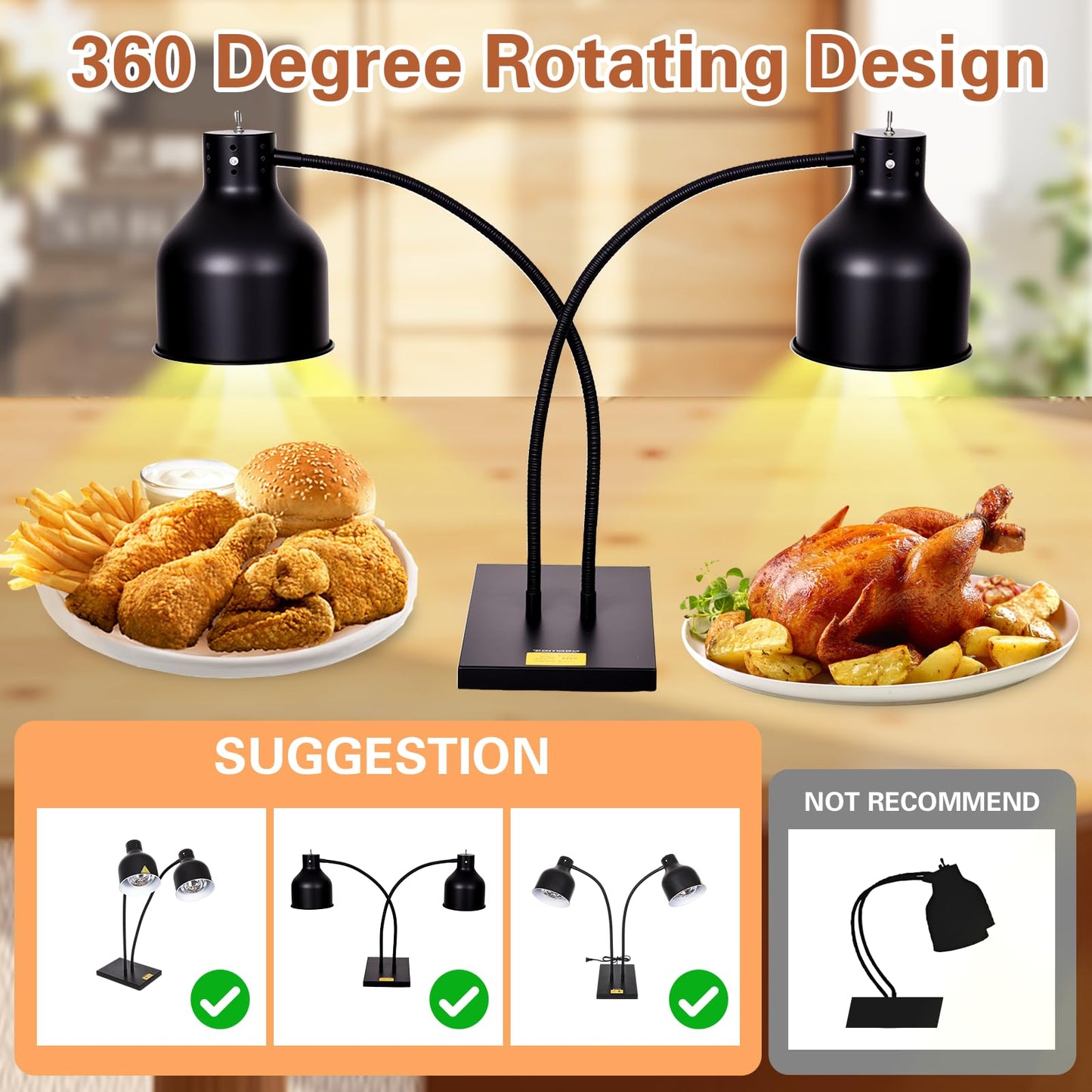 FUXULLACO Commercial Head Food Heat Lamp, Portable Electric Food Warmer 3-Bulb 550W Electric Warming Lights for Food Service Restaurant Buffet Kitchen (Black)