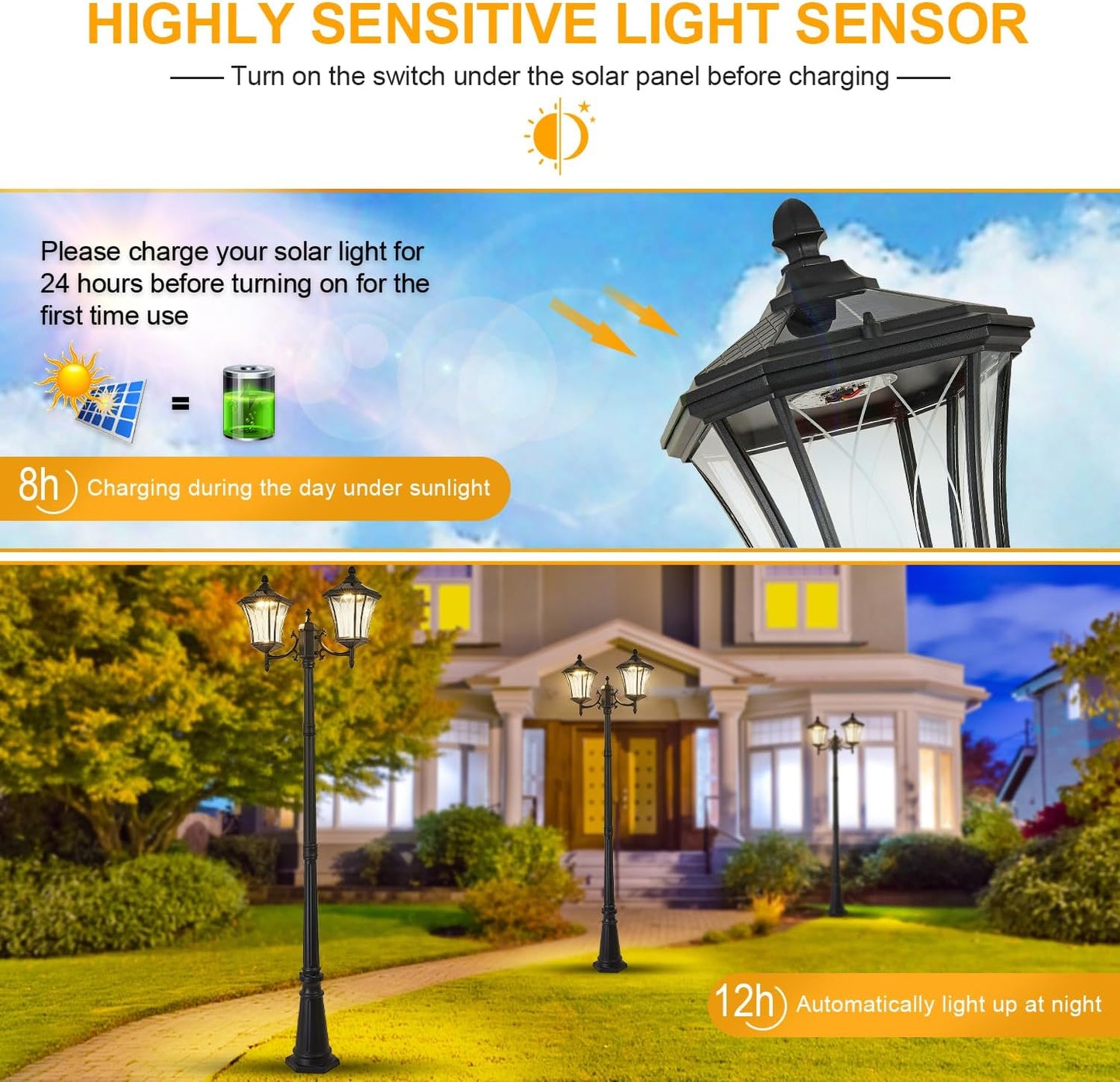 Outdoor Solar Lamp Post Lights with Dusk to Dawn Sensor, Waterproof 2-Head Large Lantern Street Lights, Modern Solar Column Pole Light Fixtures for Outside, Garden, Driveway, Backyard, Black