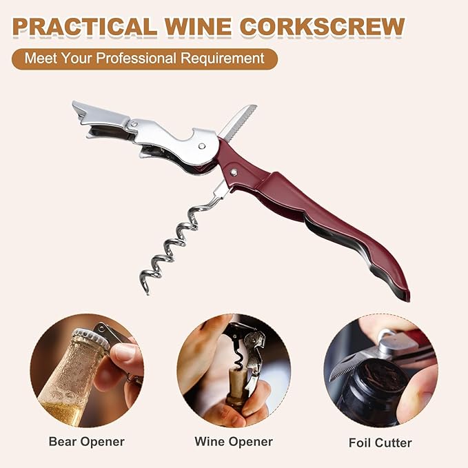 uxcell 4 Pcs 4.8" Stainless Steel Wine Opener, Waiter Corkscrew Professional Wine Key Bottle Opener with Double Hinged Foil Cutter for Bar Servers Waiter Bartender and Home, Burgundy