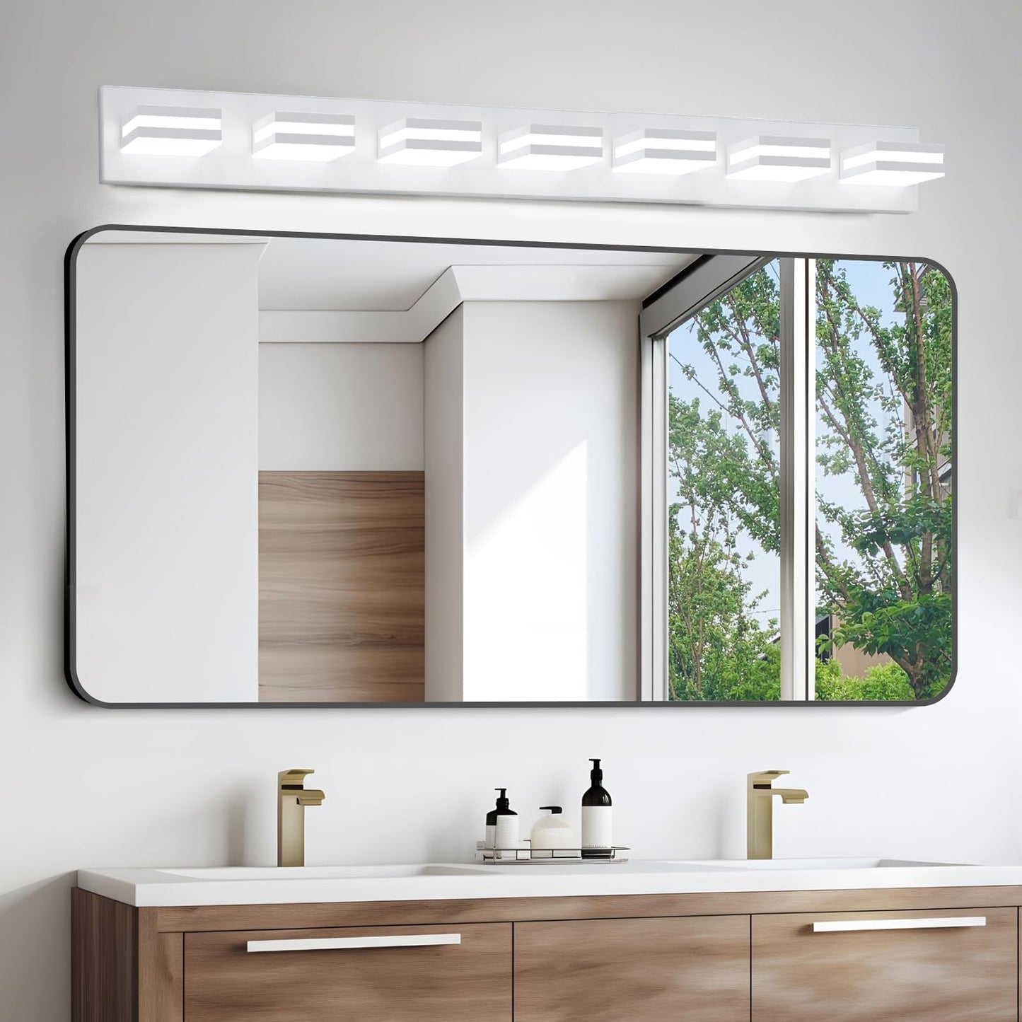 IZORRO LED Modern Bathroom Lights Fixtures(7-Light,Dimmable),Matte White Acrylic Wall Lighting,Vanity Lights for Bathroom Over Mirror - 6000k 40In （No Assembly Required）
