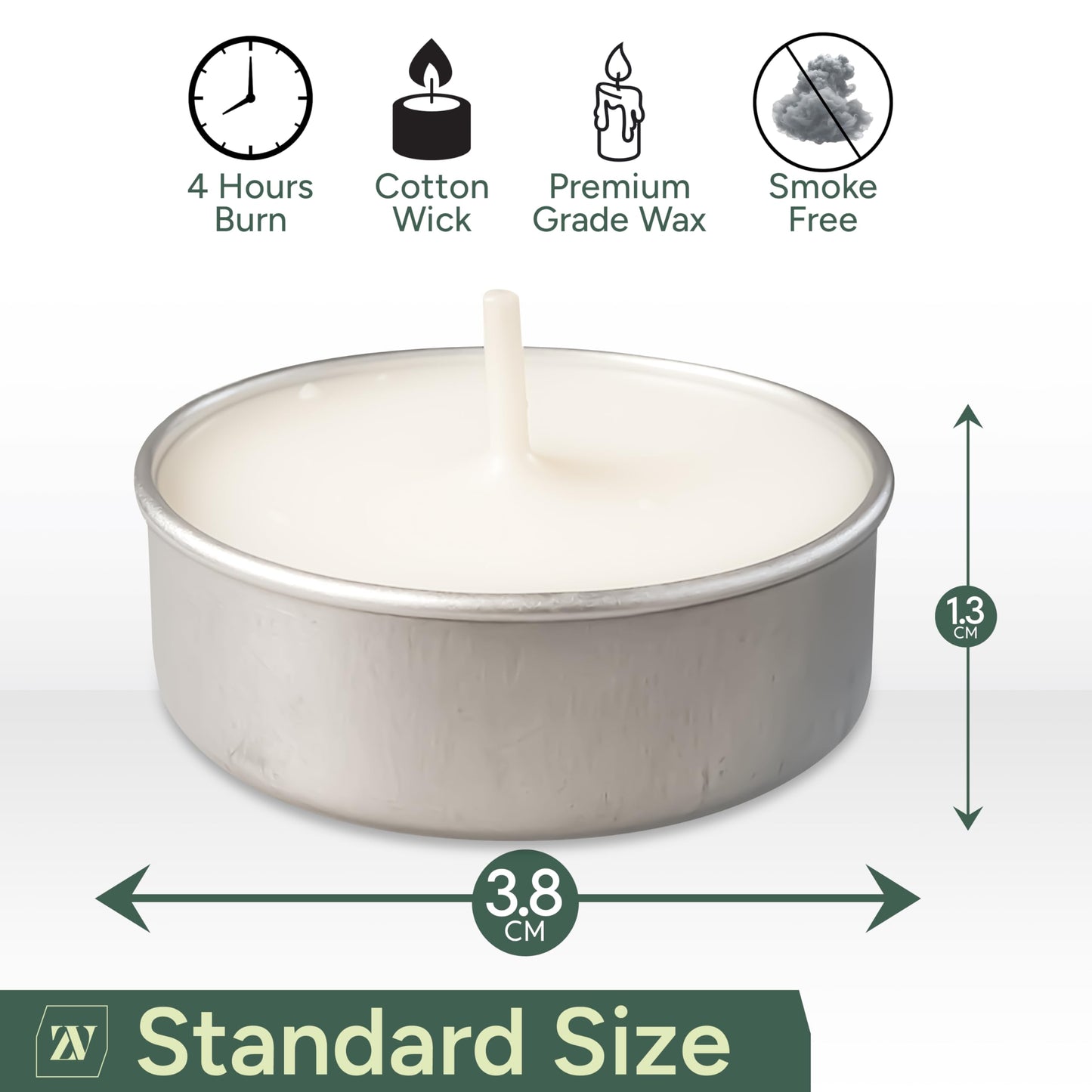 Zuvo Tea Lights Candles - Smokeless & Unscented - 4 Hour Burn - 100 Pack - White - 1.5inW x 1inH - Model 90203C
