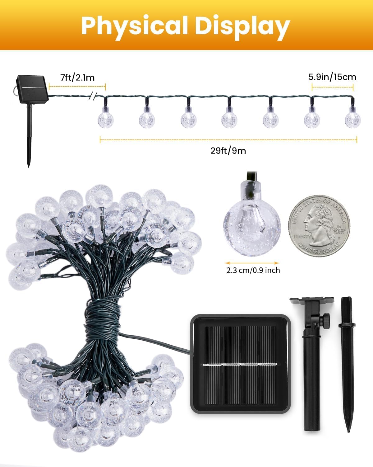 Brightown Solar String Lights 60 LED 36FT Waterproof Crystal Globe Warm White for Garden Patio Wedding Party Decor