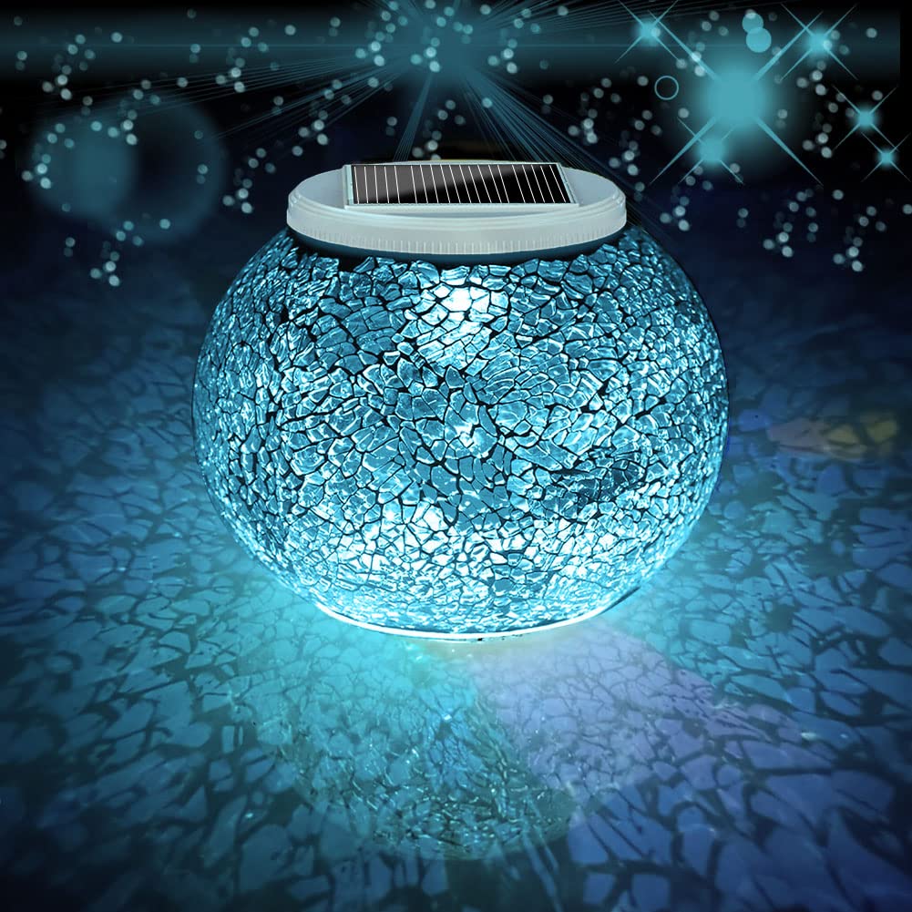 Aukora Solar Powered Glass Ball Garden Lights, Waterproof LED Night Light, Big Size, Cyan, Model AU-SOTABLE-01
