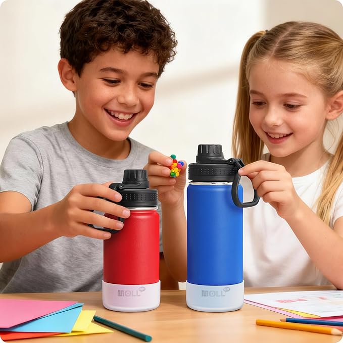 Kids Insulated Water Bottle with Spout Lid-16 oz Stainless Steel Vacuum Wide Mouth Sports Water Bottle for Back to School-Reusable Metal Leak Proof Travel Water Flask, BPA-Free(Navy)