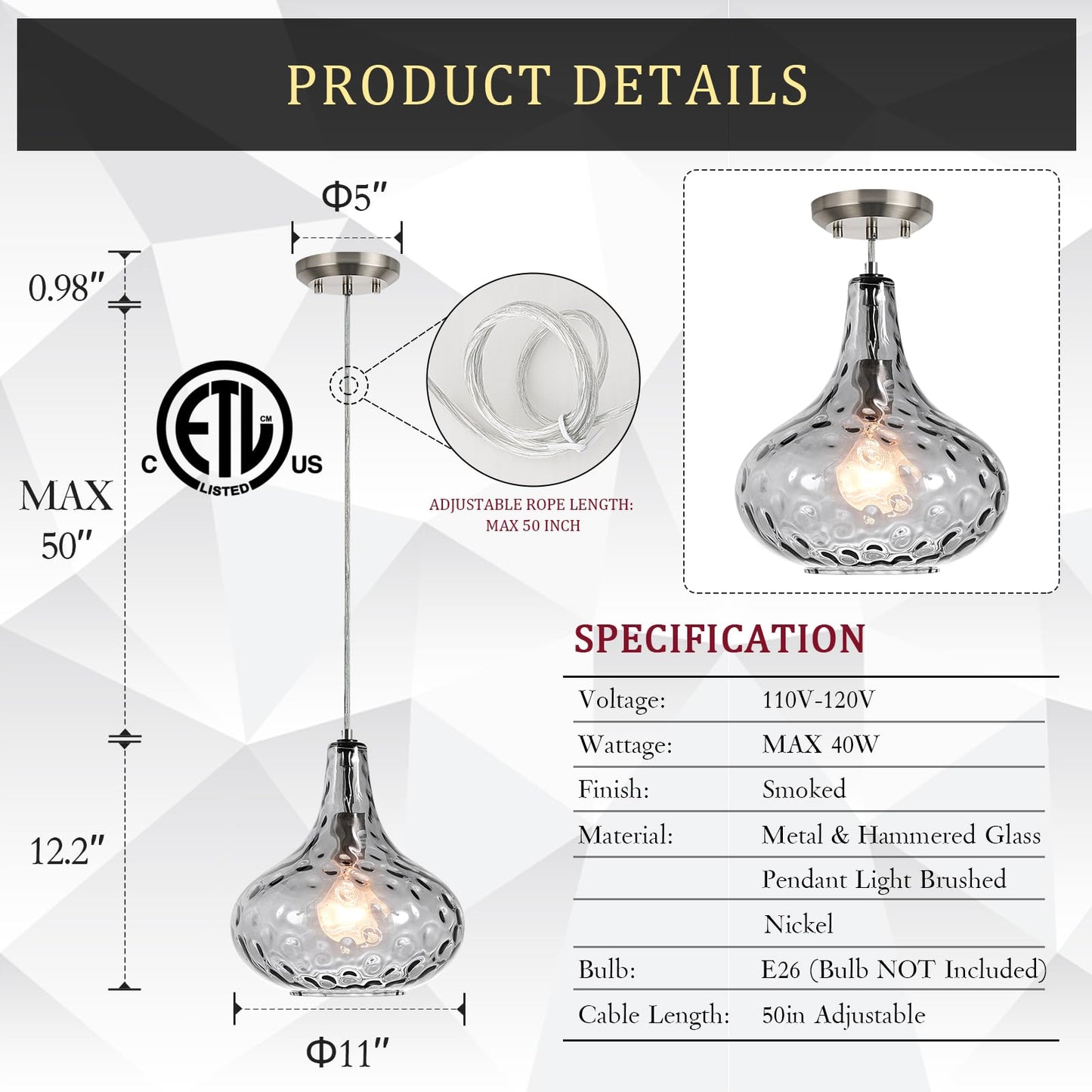 Catiner 11 Smoked Hammered Glass Pendant Light - Blown Glass Ceiling Fixture With Brushed Nickel Finish  Modern Industrial Lighting For Kitchen Island  Dining Room  Hallway  Living Room