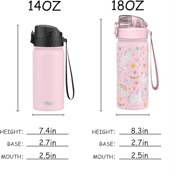 Kids Water Bottle, GOPPUS 14 oz Insulated Water Bottle with Straw, Double Vacuum Leakproof, BPA Free, for Boys and Girls,Pink Unicorn