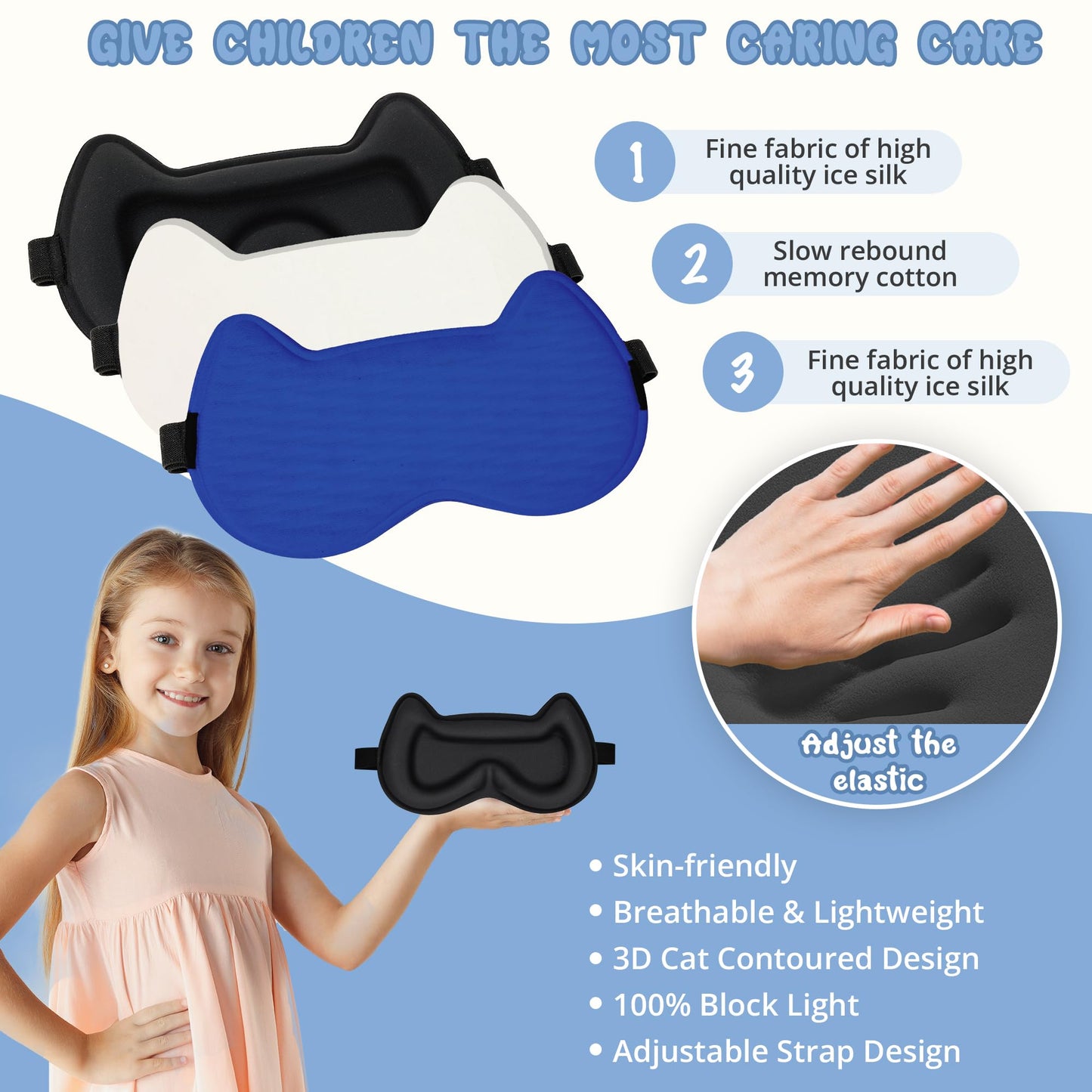 Kids Sleep Mask Eye Mask: 3D Contoured Cup Sleeping Masks, Blindfold with Adjustable Strap, Kids Eye Cover for Boys, Girls, Teens, Pressure-Free with Memory Foam Face Mask for Sleeping (Royal Blue)