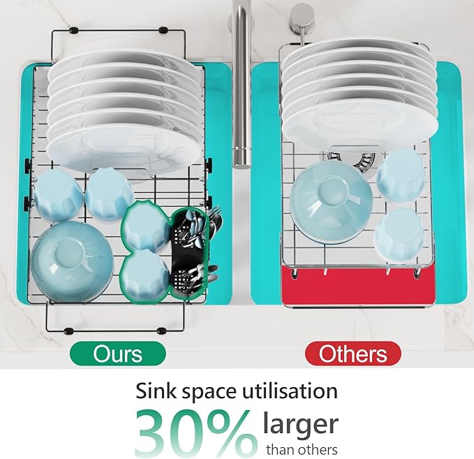 GSlife Stainless Steel Dish Drying Rack - Capacity Expandable in Sink Dish Drainer with Silicone Mat, Over Sink Dish Rack with Utensil Holder for Kitchen Counter, 10.8"-17.9" L x 12.8" W, Silver
