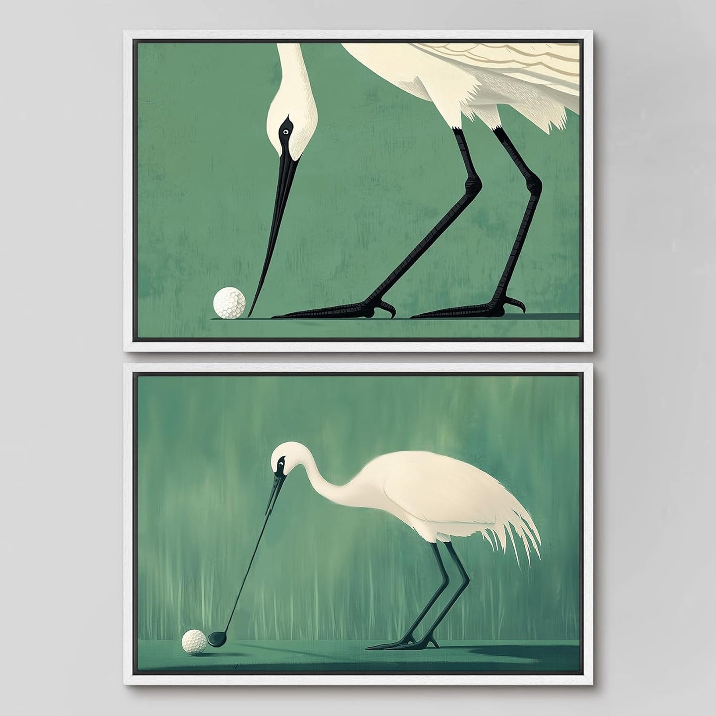 SIGNWIN Framed Canvas Print Wall Art Set Funny Crane Playing Golf Whimsical Bird Illustrations Modern Art Rustic Minimal for Living Room, Bedroom, Office - 24"x36"x2 White