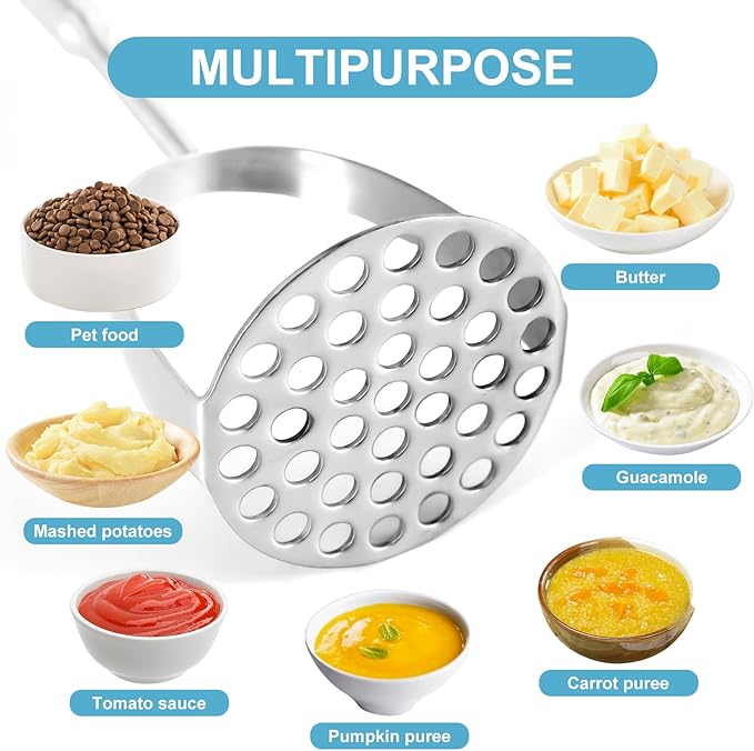 Potato Masher Stainless Steel - Mashed Potato Masher Kitchen Utensil，14" Potato Smasher For Potatoes, Bean, Vegetable & Fruits，Pet Food, Metal Avocados Smasher Tool, Dishwasher Safe, Christmas gifts