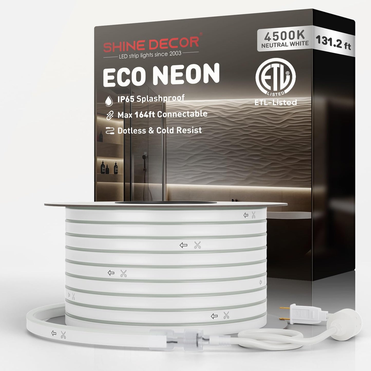 Shine Decor LED Neon Rope Lights, 132FT, Cool White, Waterproof, PVC, Plug & Play, Outdoor/Indoor Use