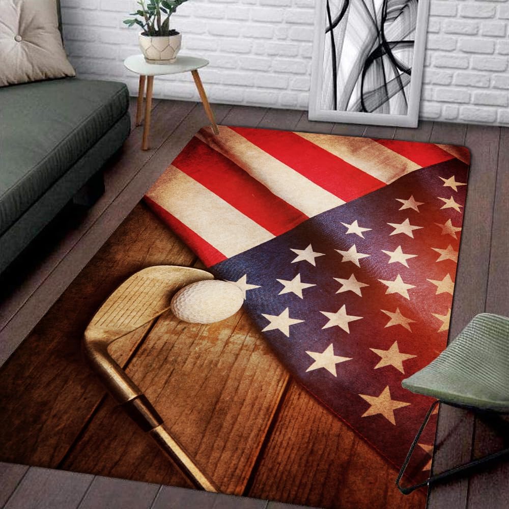 Custom Golf Area Rug, Golf Rugs for Living Room, Non Slip Area Mat Rugs for Office Living Room Indoor, Golf Carpet Floor Mat Indoor for Boys Golf Home Decor (Golf & Flag)