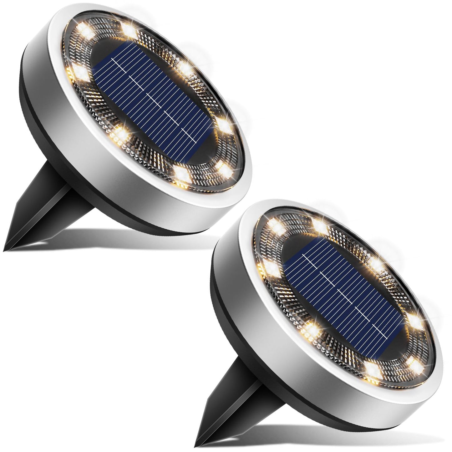 Btfarm Solar Ground Lights 2 Pack, 8 Led Ip65 Waterproof Flat Disc Light, Warm White For Garden Lawn Patio