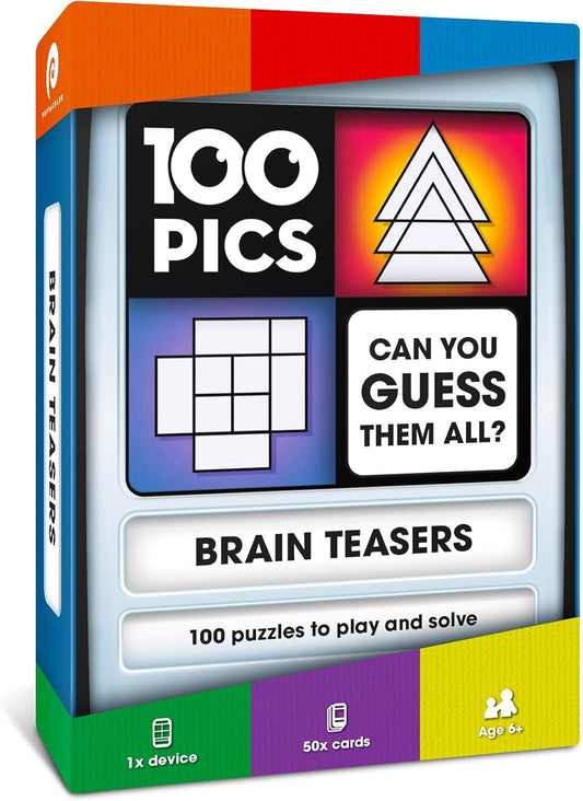100 PICS Brain Teasers Travel Game - Solve 100 Puzzles | Flash Cards with Slide Reveal Case | Card Game, Gift, Stocking Stuffer | Hours of Fun for Kids and Adults | Age 6+
