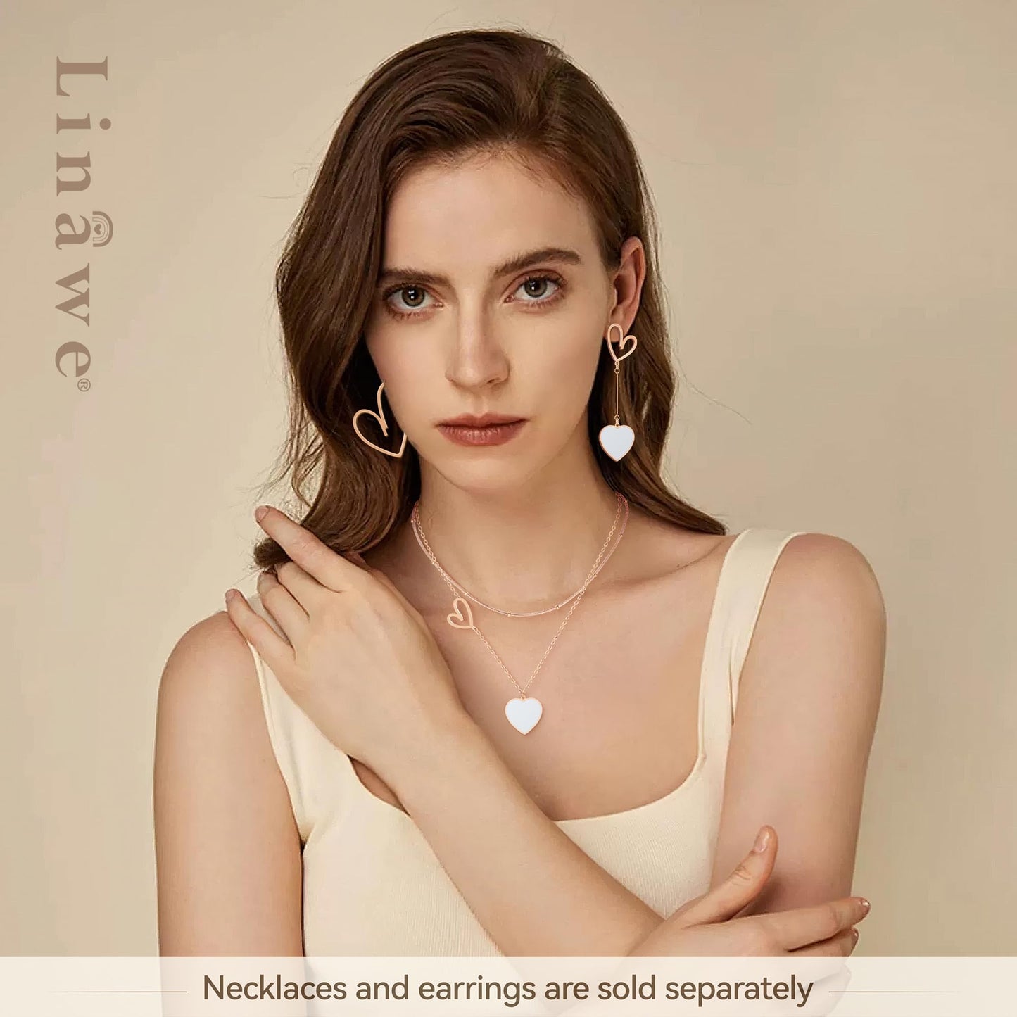 Linawe Rose Gold Heart Earrings for Women, Titanium Stainless Steel Drop Dangle Earrings, Hypoallergenic Unique Big Asymmetrical