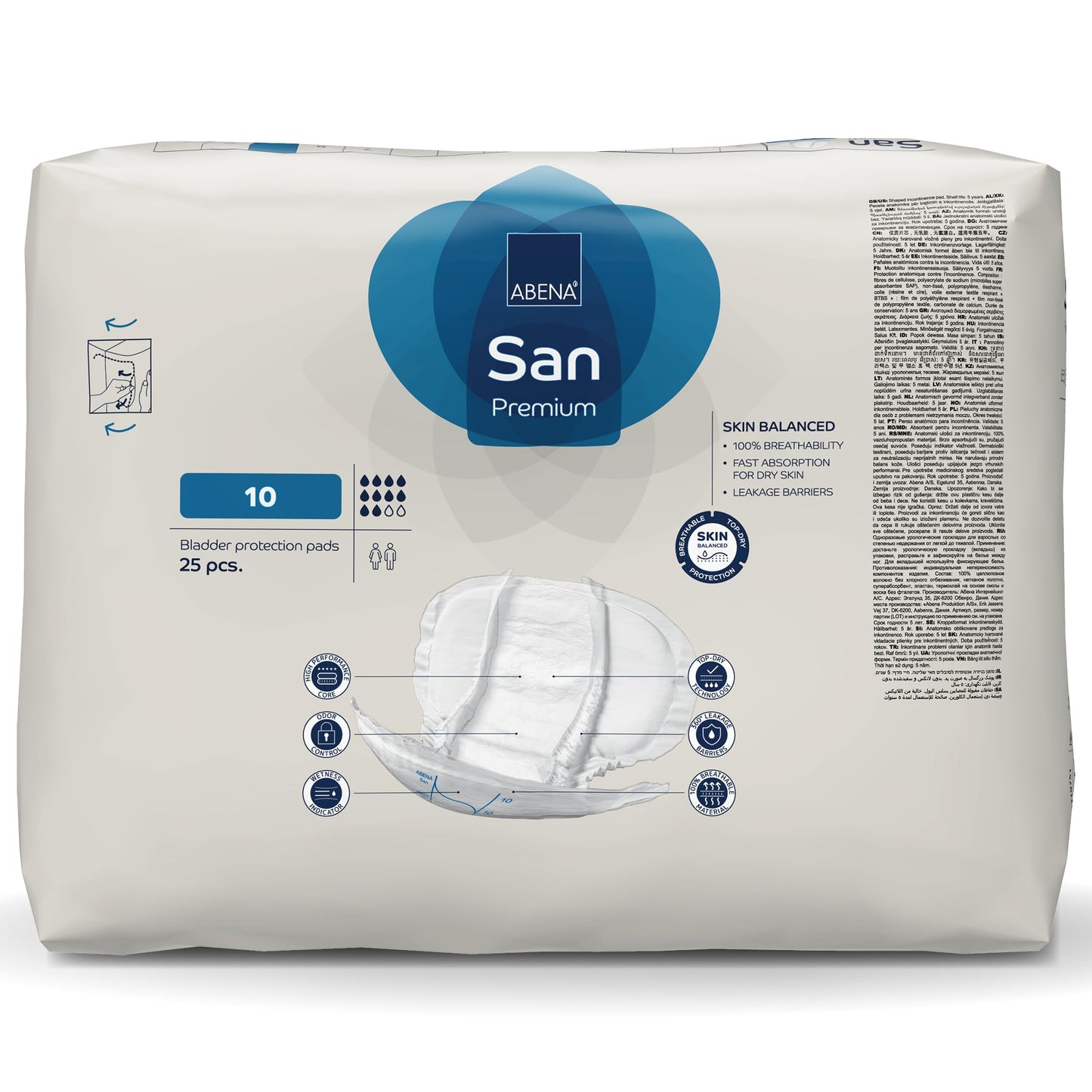Abena San Premium Incontinence Pads, Heavy Absorbency, (Sizes 8 to 11), Size 10, 25 Count