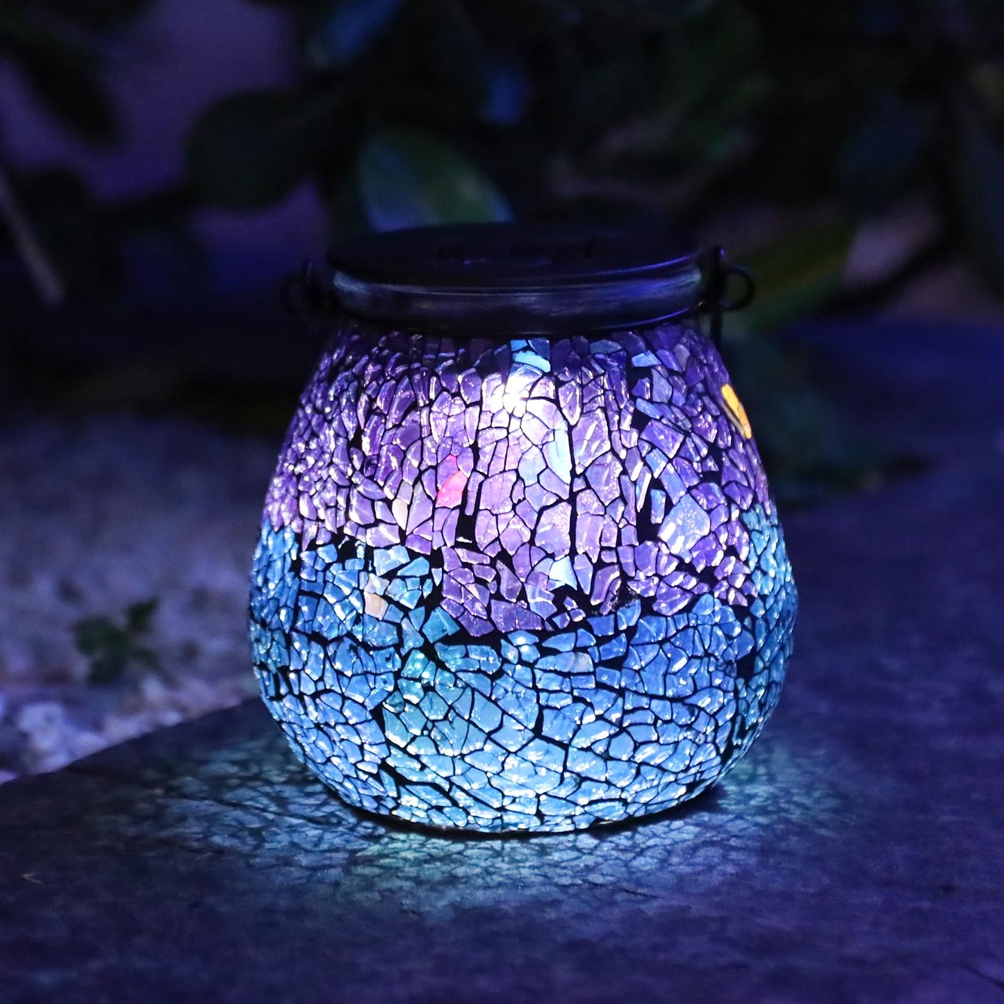 Afirst Mosaic Solar Lantern - Glass Hanging Light, Waterproof, Ice-Purple, Model 5038350A
