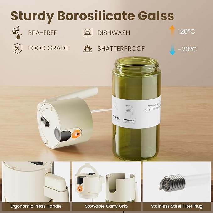 Upgrade 2 in 1 Oil Sprayer for Cooking, Olive Oil Dispenser Bottle for Kitchen Gadgets with Stickers, 17oz/500ml Food Grade Light-Blocking Glass Spray Bottle for Salad, Air Fryer, BBQ