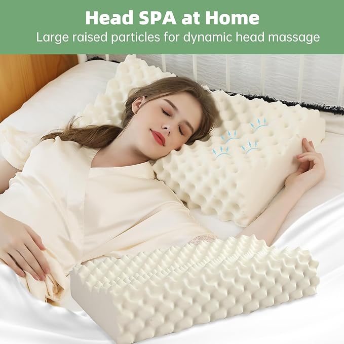 Latex Pillow,Cervical Neck Support Bed Pillows with Removable Comfort Pillowcase,Large Particle Massage Bumps,Latex Contour Pillow for Side, Back and Stomach Sleeping