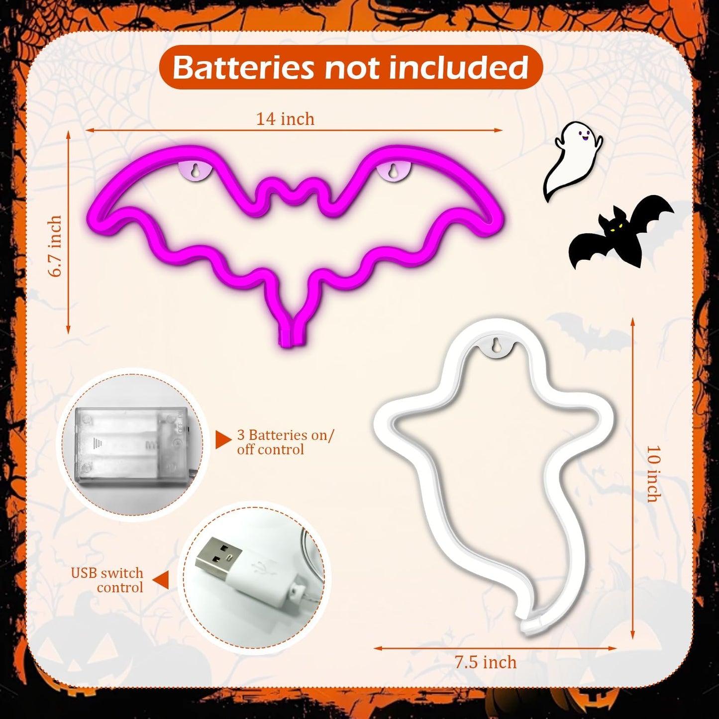 Innovtools 2 Pack Halloween Neon Sign  White Ghost And Pink Bat Neon Lights For Wall Decor  Usb Or Battery Powered Led Halloween Decorations Light Up Sign For Bedroom Window Party Kids Gift