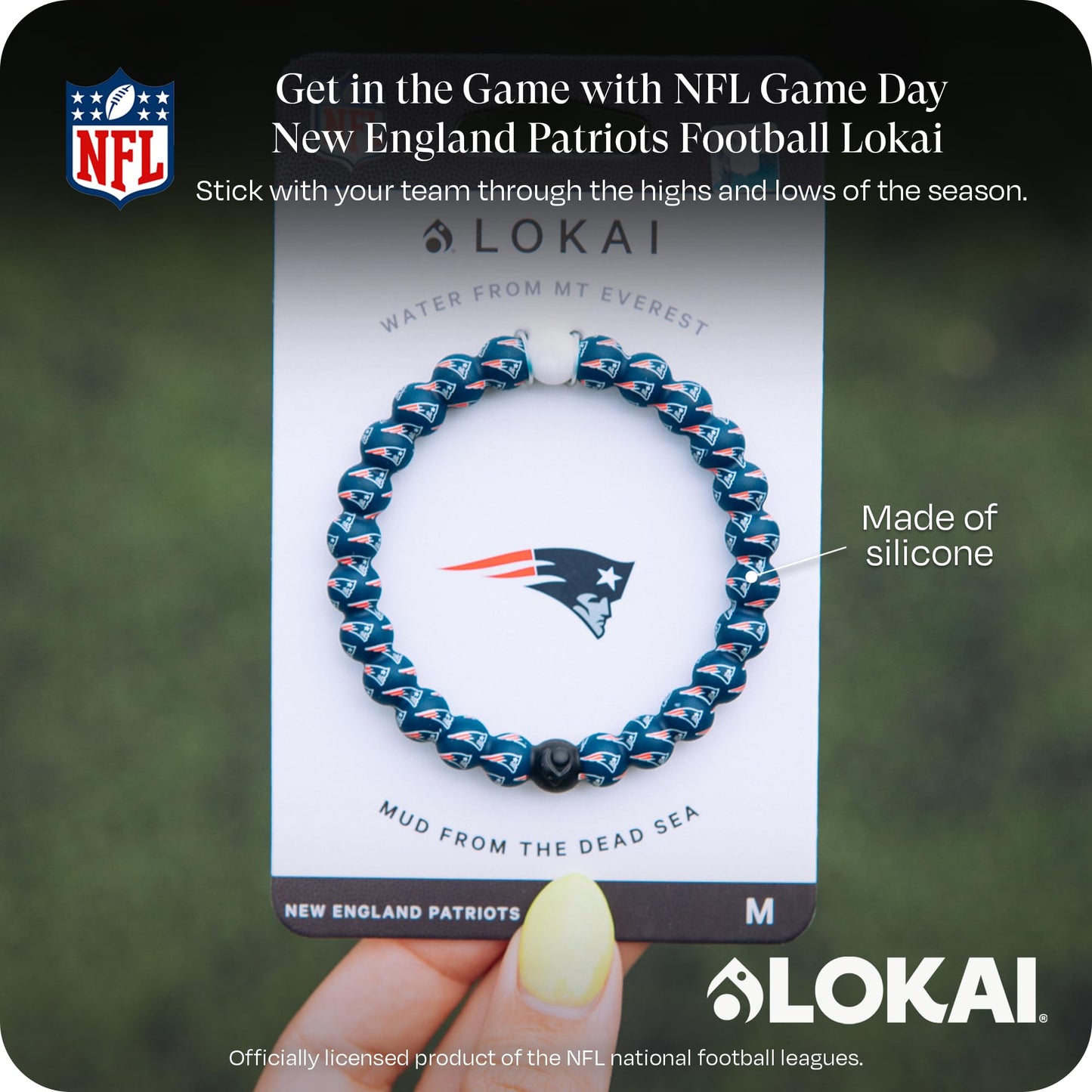 Lokai Silicone Beaded Bracelet for Men & Women, NFL Football Collection - New England Patriots, Blue Logo, Extra Large - Silicon