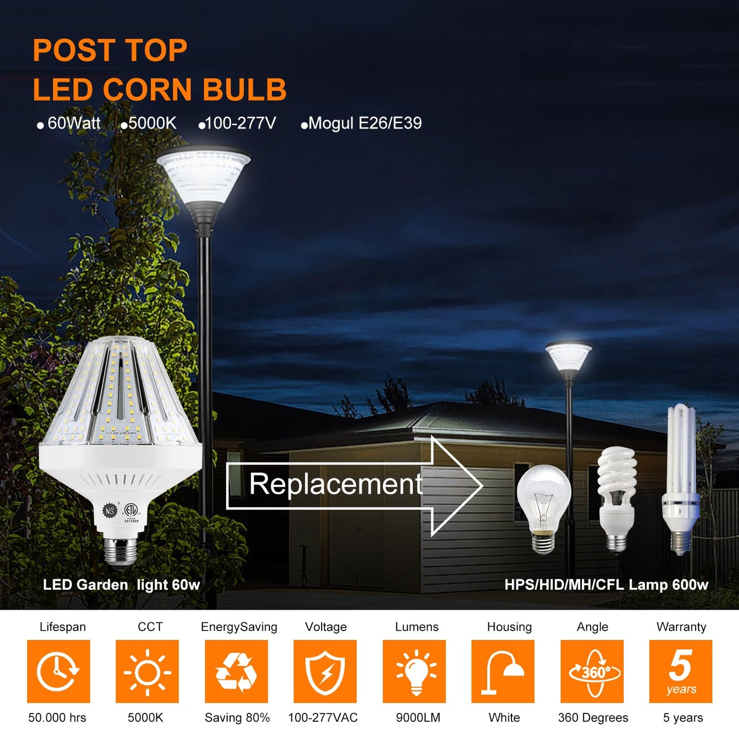NS 600W Equivalent LED Corn Bulb, 9000 Lumens, 5000K Daylight, E26/E39 Base, 2-Pack, Aluminum, Model GL-01C