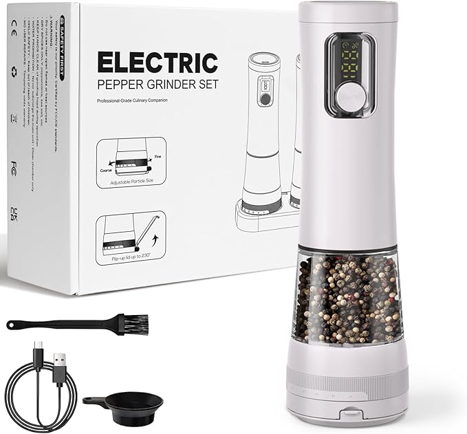 Electric Salt and Pepper Grinder, Rechargeable Automatic Pepper Mill with Base,5-Level Adjustable Coarseness, Display, LED Lighting, Large Capacity-Ideal for Kitchen, BBQ Gifts (1, White-A)