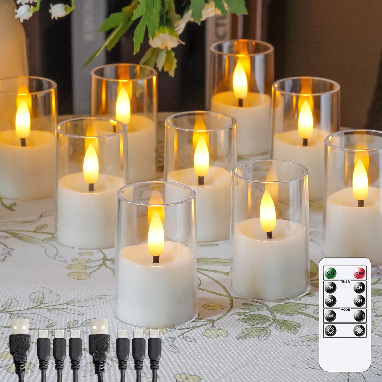 Wroxipel Rechargeable Acrylic Flameless Votive Candles with Timer & Remote Control, 1.7" x2.5" Flickering LED Warm Glow Tealight for Home, Wedding, Holiday Decor (Set of 9, White)