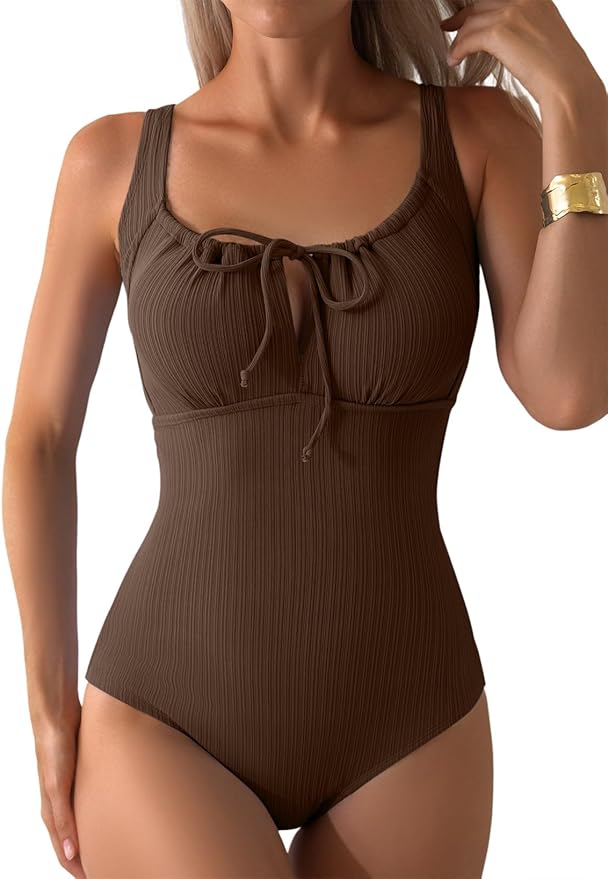 Aleumdr Womens Textured One Piece Swimsuit Tummy Control Bathing Suit with Bow Tie Knot Cutout Ruching Swimwear
