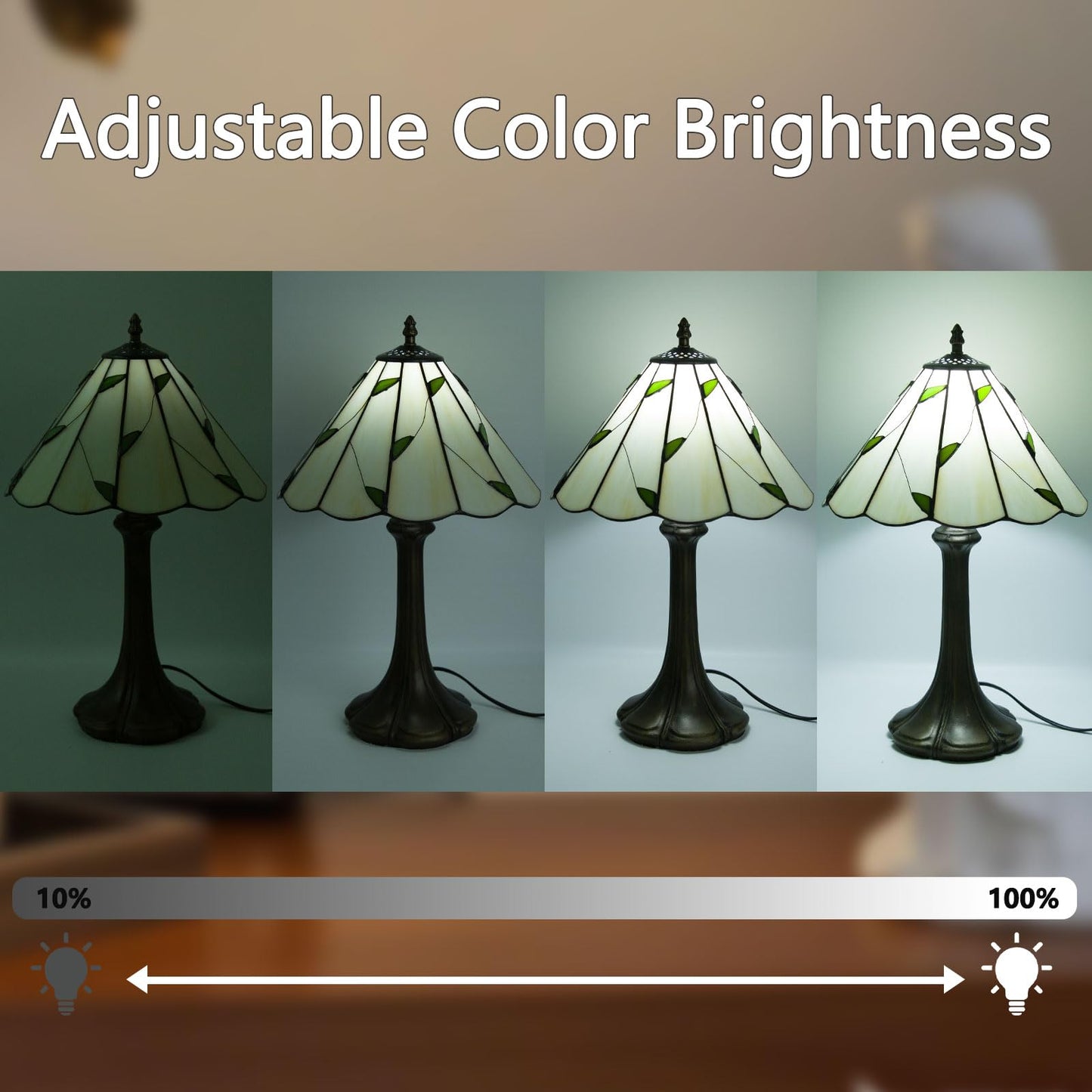 Crefotu 12 Inch Tiffany Table Lamp, Stained Glass, Remote Control, Dimmable, 9W Bulb Included, Umbrella Willow Leaves
