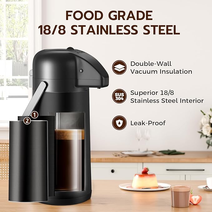 Coffee Carafe for Keeping Hot - Gezoss 102OZ / 3L Airpot Coffee Dispenser with Pump - Large Coffee Thermos for Hot Drinks Tea Liquid - Insulated Stainless Steel Hot Water Beverage for Parties,Black